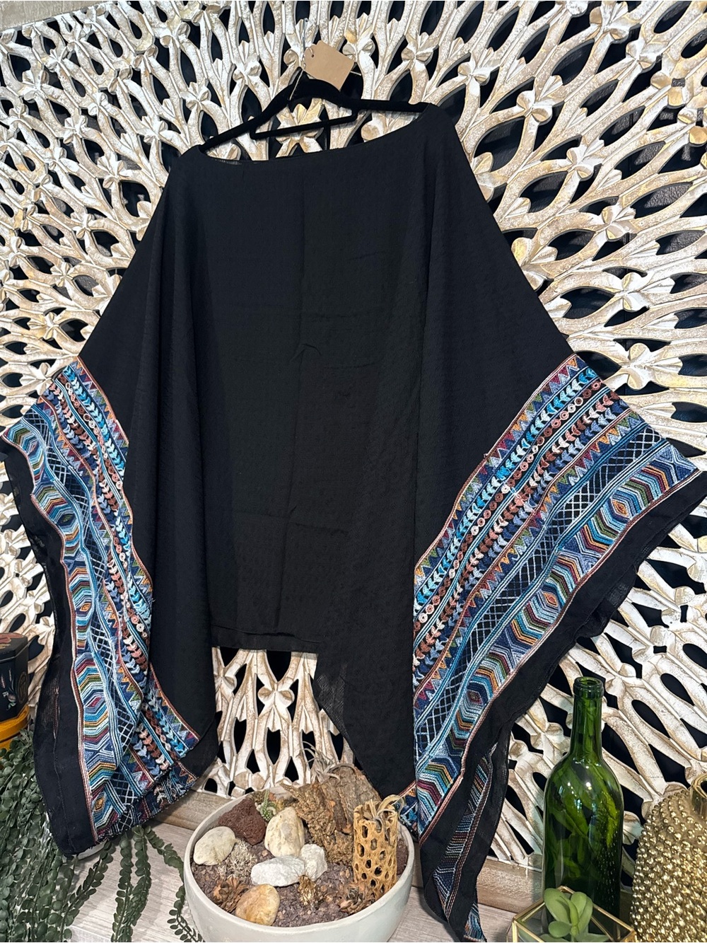 Black Bohemian poncho. Great for after the beach, as a coverup or a night out!